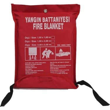 Duvara asılı kırmızı kutu içinde yangın battaniyesi